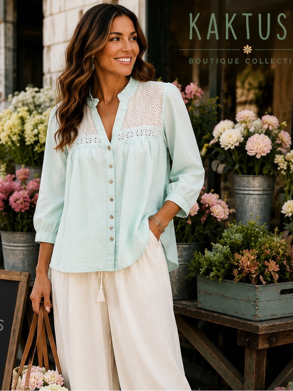 Kaktus Mint Babydoll Lace Boho Peasant Top 100% Cotton 3/4 Sleeve Women’s Size M